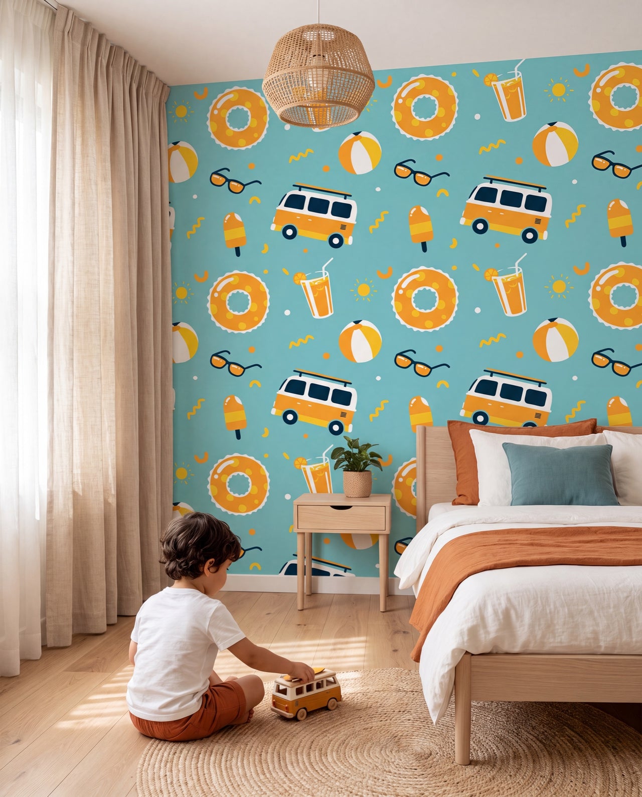 Papier peint Cap d'Été dans une chambre d'enfant, un petit garçon devant le mur aux motifs d'été, Wonderwall Casablanca