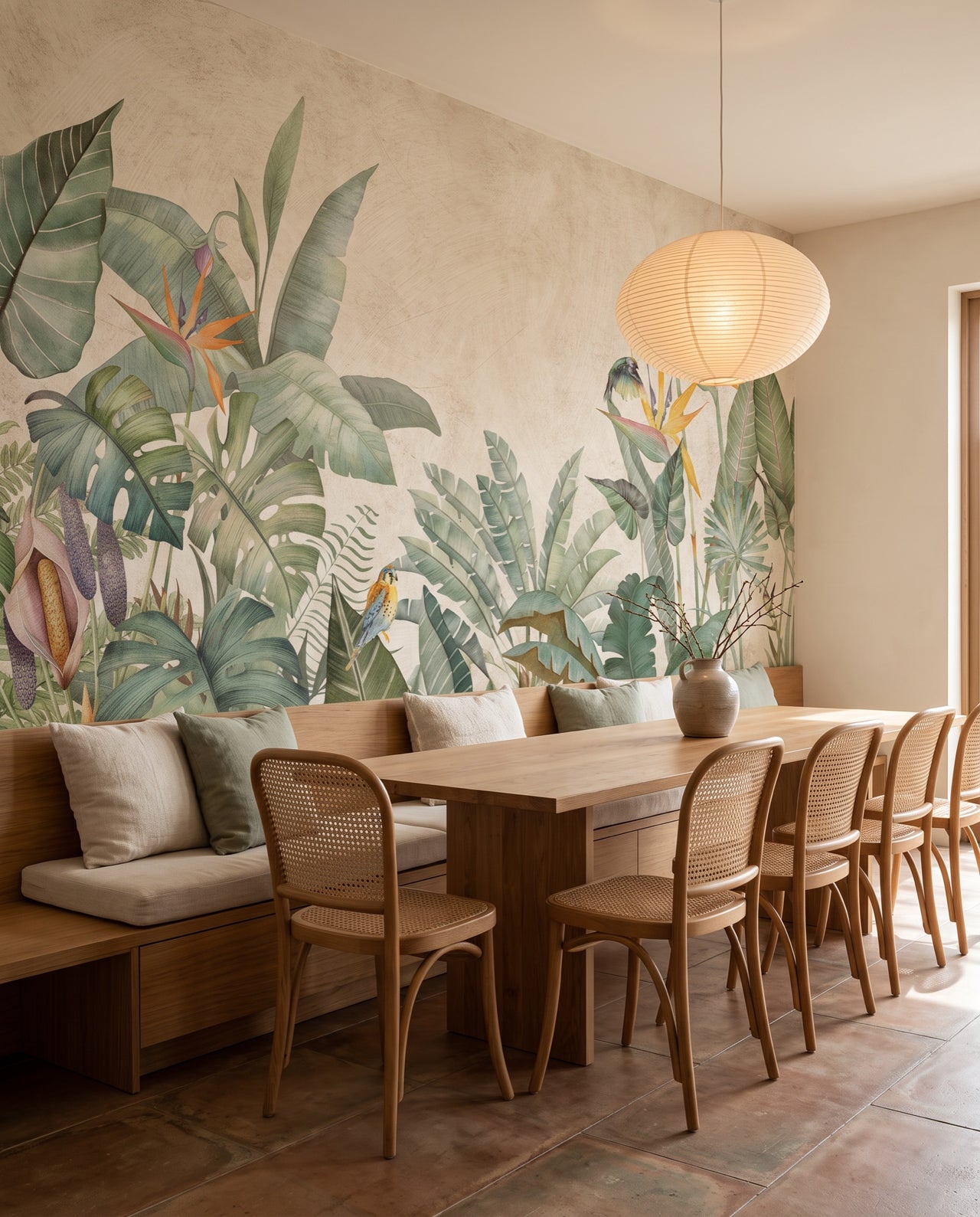 Fresque murale Paradisier dans un coin repas — jungle et oiseaux-de-paradis sur mesure au Maroc, Wonderwall