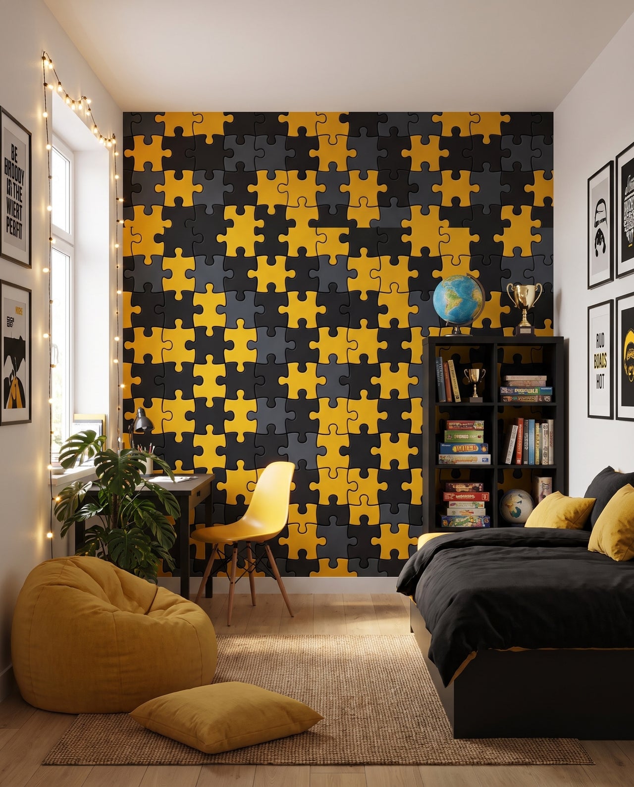 Papier peint Domino vu vers la fenêtre et le bureau avec pouf jaune : décor puzzle Wonderwall Casablanca