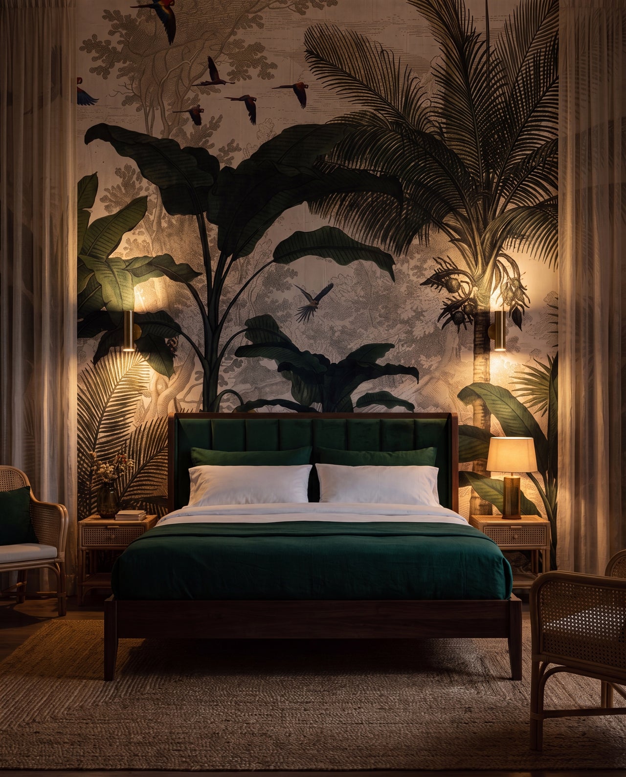 Papier peint panoramique jungle Canopée Royale, fresque tropicale palmiers et aras dans une chambre boutique-hôtel exotique, Wonderwall Casablanca