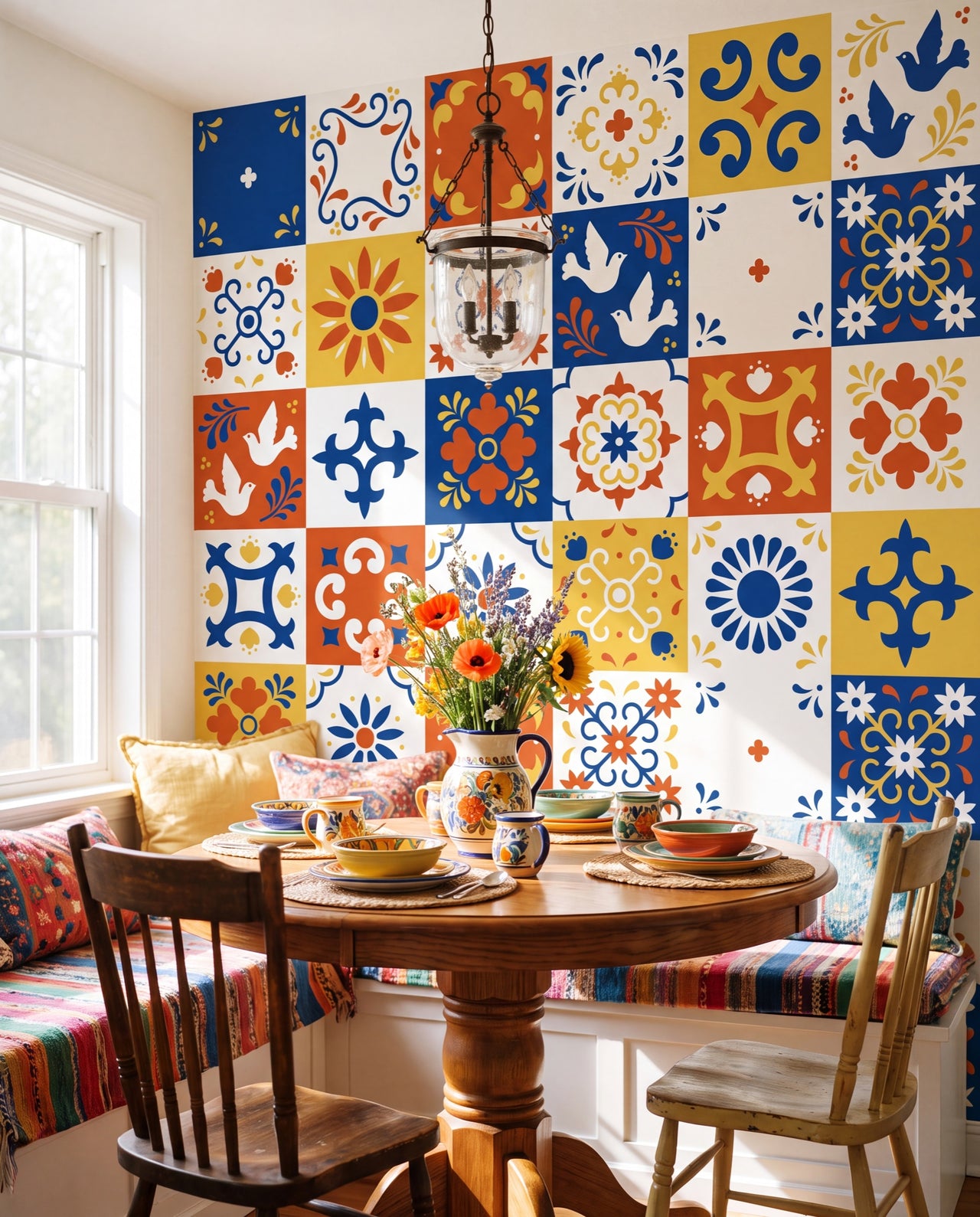 Papier peint Azulejos dans un coin repas ensoleillé, carreaux Talavera sur mesure Wonderwall Casablanca