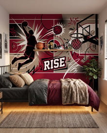 Papier peint panoramique basket Slam : silhouette de dunk et panier en bordeaux et noir dans une chambre d'adolescent sportive, Wonderwall Casablanca