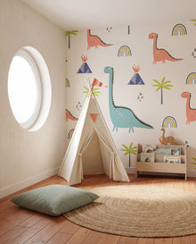 Papier peint Gondwana dans un coin jeux à fenêtre ronde — dinosaures scandinaves sur mesure, Wonderwall Casablanca