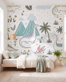 Papier peint panoramique dinosaures enfant Diplodocus, dinosaures au trait, volcans et palmiers pastel dans une chambre vert sauge, Wonderwall Casablanca
