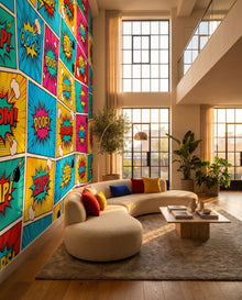 Fresque murale Vertigo dans un loft double hauteur à verrières Crittall : cases comic sur mesure au Maroc, Wonderwall