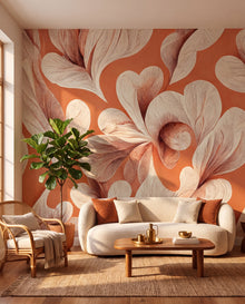 Papier peint panoramique floral Soleil de Sienne, fresque pétales ivoire sur terracotta dans un salon bohème-chic, Wonderwall Casablanca