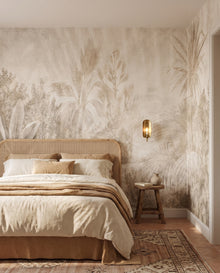 Fresque murale Batavia dans une chambre tête cannage rotin — papier peint panoramique jungle sépia sur mesure Wonderwall