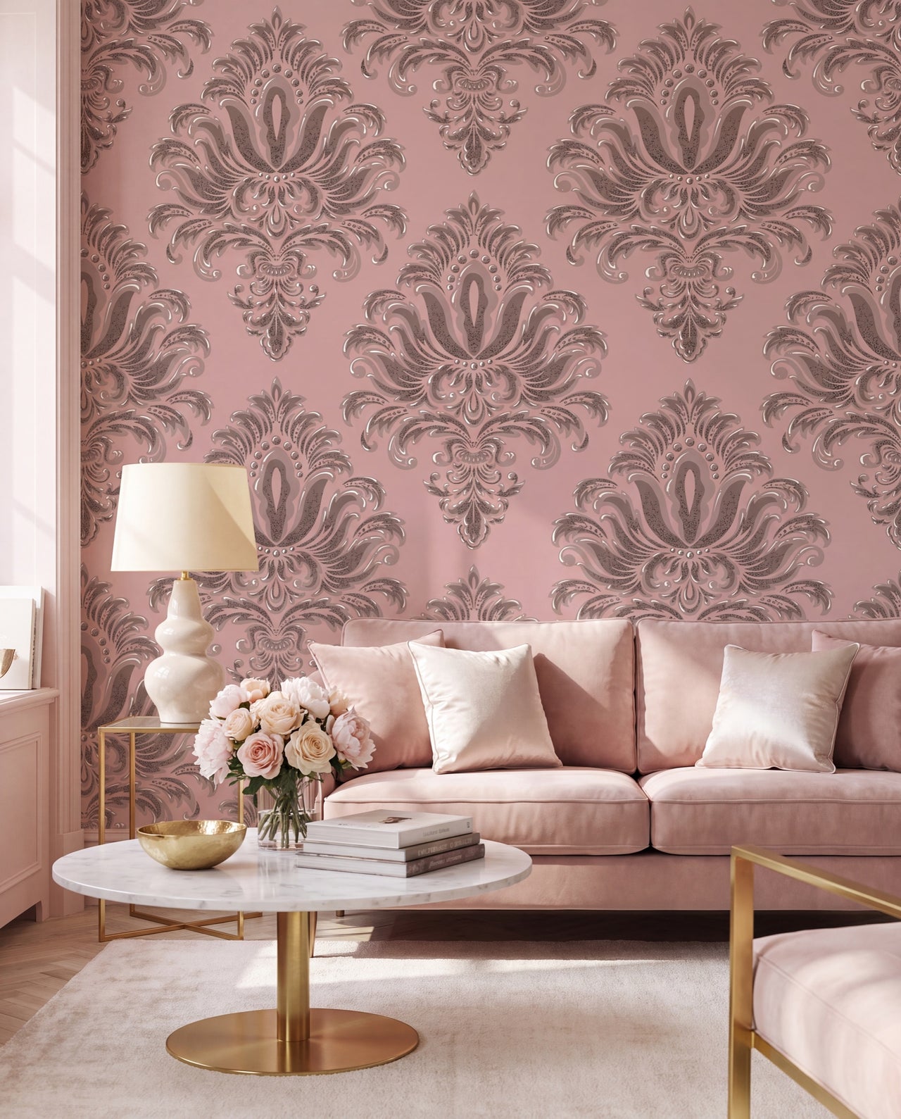Papier peint damas Pompadour dans un salon romantique poudré, sur mesure Wonderwall Casablanca