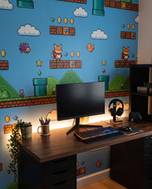 Fresque murale Warp derrière un bureau gaming à éclairage RGB : papier peint pixel art sur mesure Wonderwall