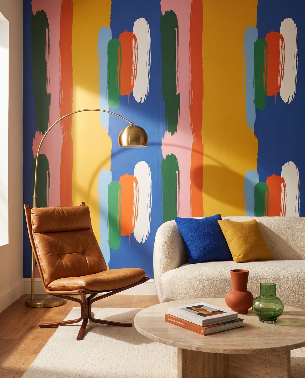 Fresque murale Mistral en gros plan derrière une table en travertin et un fauteuil en cuir cognac : papier peint abstrait sur mesure Wonderwall