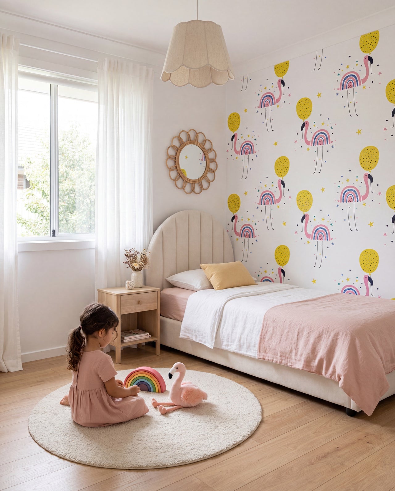 Papier peint Fandango dans une chambre d'enfant, une petite fille devant le mur aux flamants, Wonderwall Casablanca