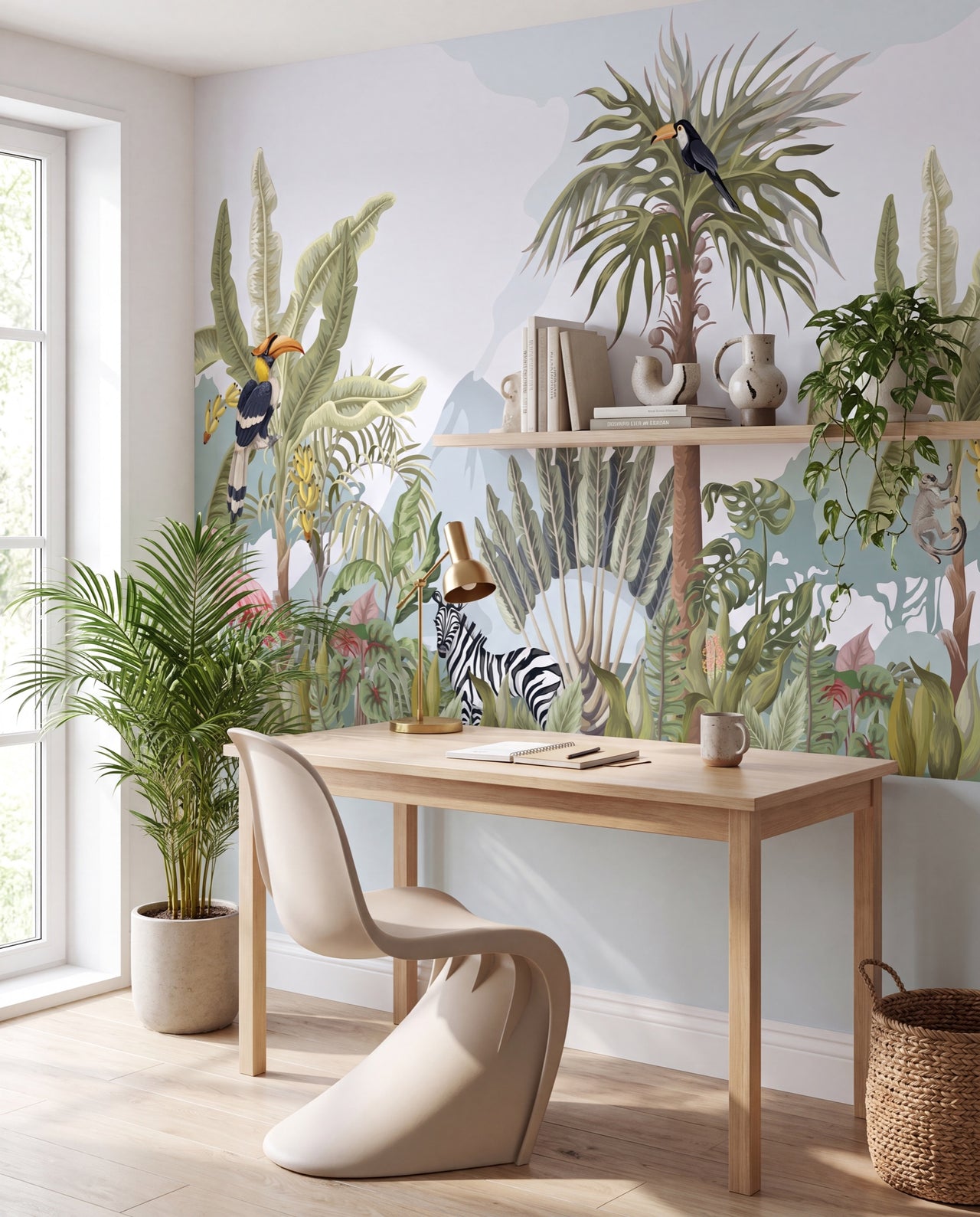 Fresque murale Éden Sauvage dans un bureau/coin créatif lumineux, papier peint panoramique sur mesure au Maroc, Wonderwall