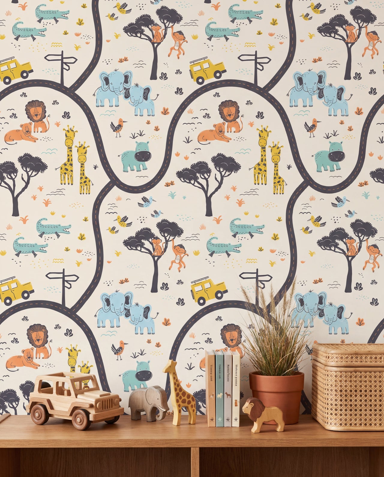 Détail du papier peint Savane, éléphants, girafes et jeeps dessinés de la savane, Wonderwall Casablanca