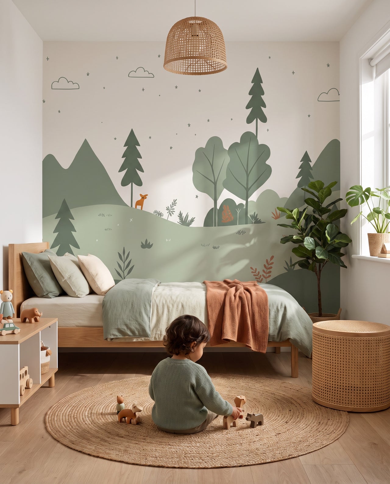 Fresque murale Sylvain dans une chambre d'enfant qui joue avec ses animaux en bois sur le tapis : forêt sur mesure au Maroc, Wonderwall