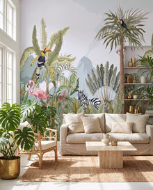 Fresque murale Éden Sauvage dans un salon tropical lumineux, papier peint panoramique sur mesure Wonderwall