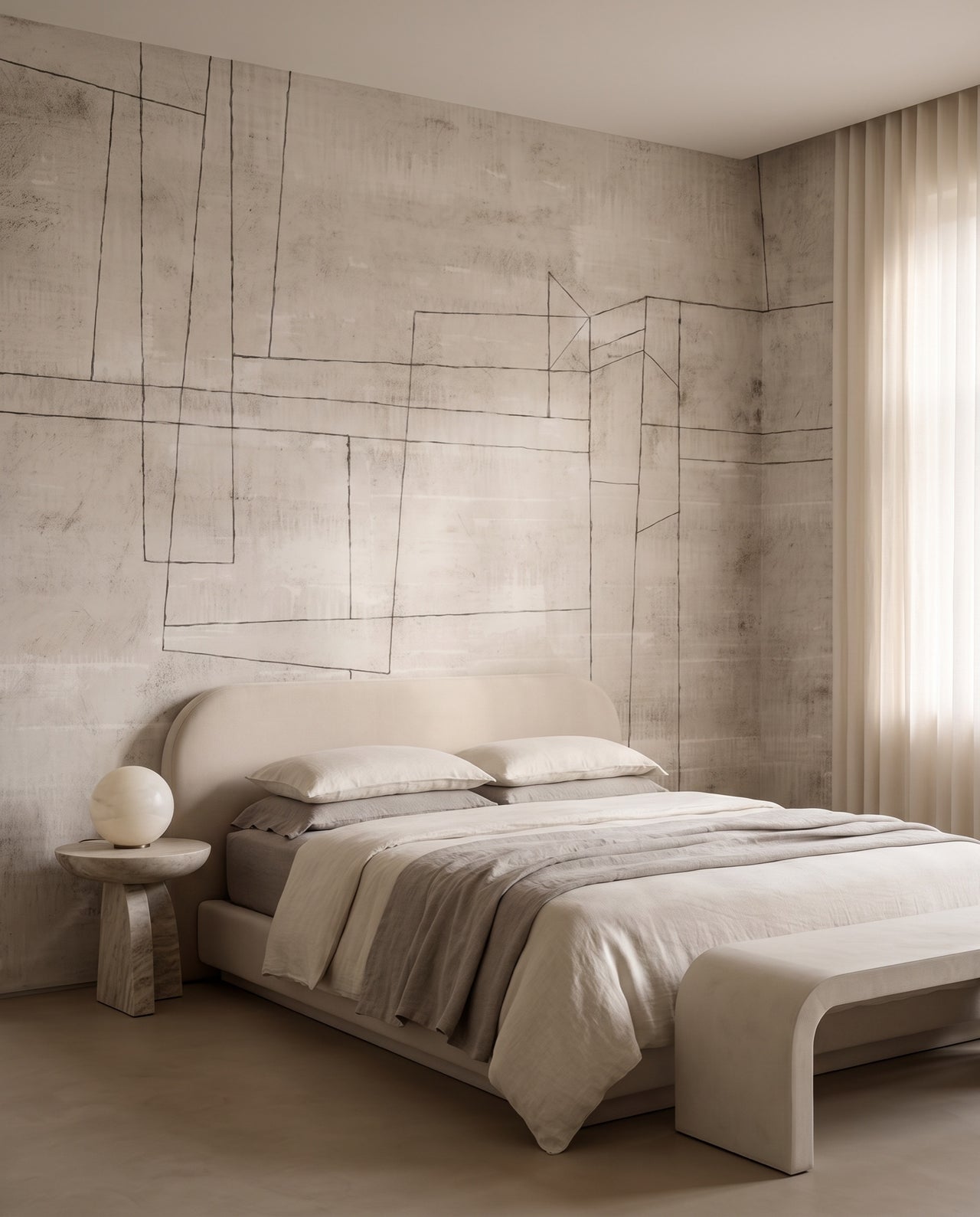 Fresque murale Tadelakt dans une chambre à lit plateforme de plâtre et lampe sphère albâtre : papier peint panoramique minéral sur mesure Wonderwall