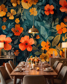 Papier peint panoramique Éclat d'Ambre dans une salle à manger élégante, fresque florale chaude Wonderwall Casablanca