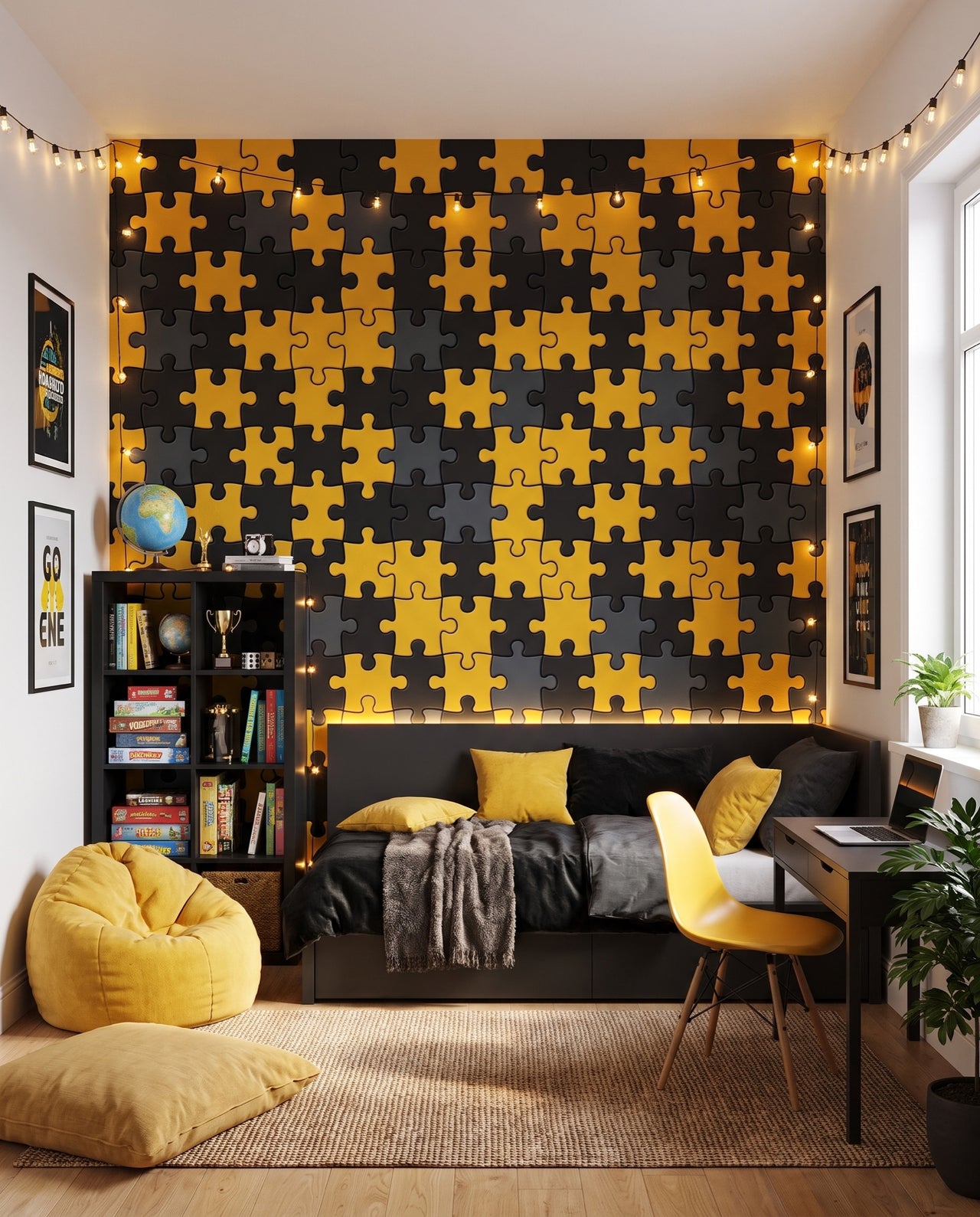Papier peint puzzle Domino : pièces imbriquées jaune, noir et anthracite dans une chambre d'adolescent, Wonderwall Casablanca