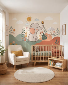 Papier peint panoramique éléphant Bibou : bébé éléphant et papillon sur collines sauge et terracotta dans une nursery, Wonderwall Casablanca
