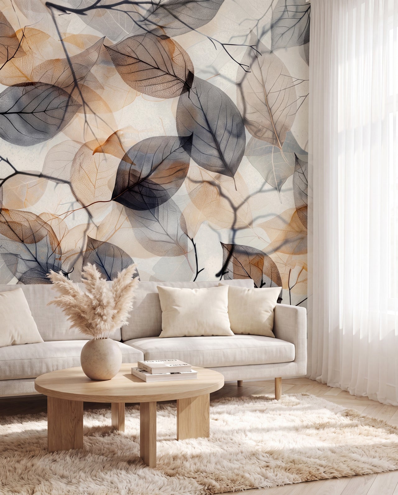 Papier peint panoramique Brume Végétale dans un salon scandinave lumineux, fresque feuillage translucide Wonderwall Casablanca