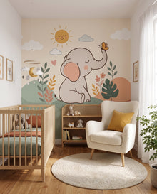 Papier peint panoramique Bibou vu vers le fauteuil bouclé et la fenêtre : fresque nursery Wonderwall Casablanca