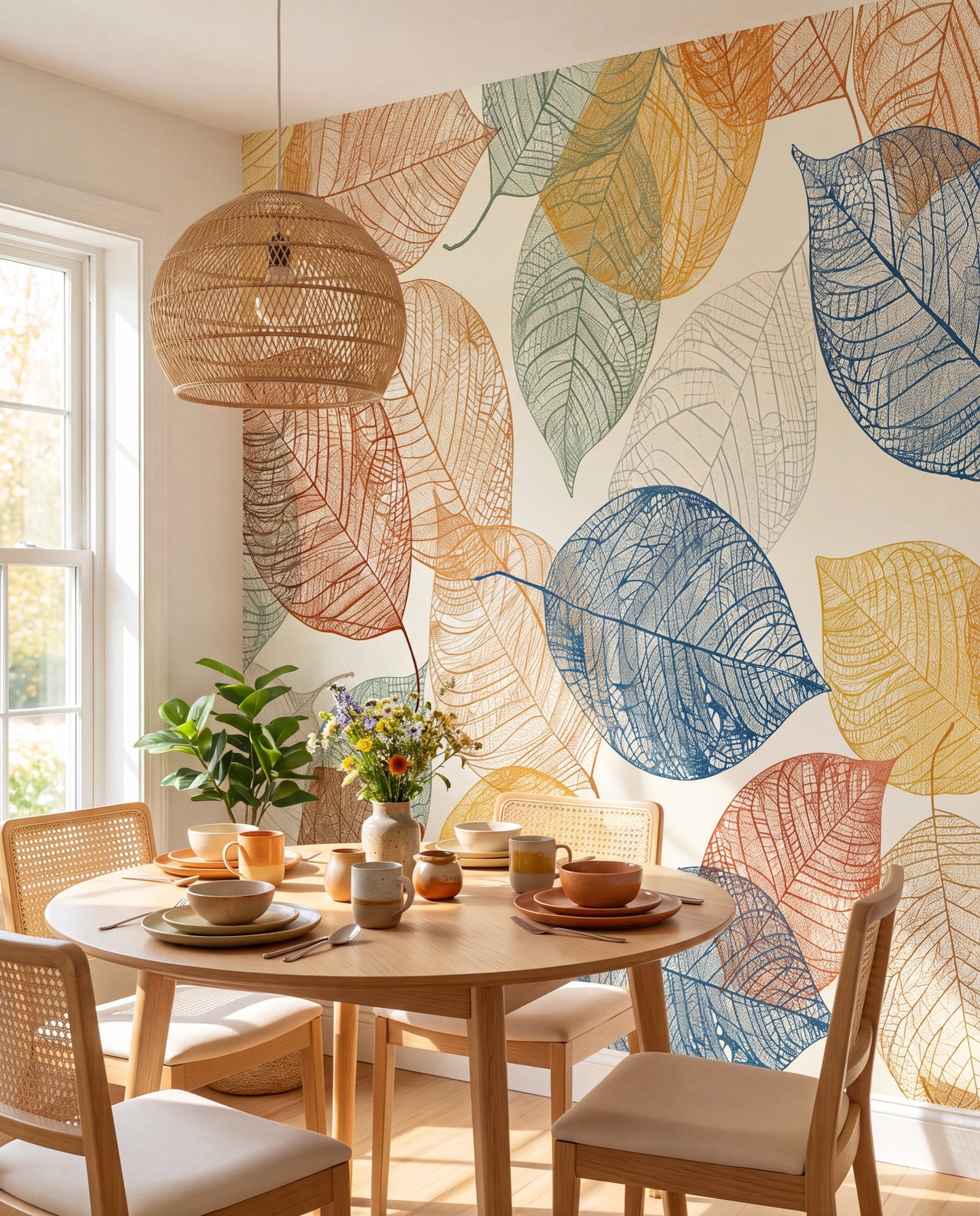 Papier peint panoramique Herbier Coloré dans un coin petit-déjeuner lumineux, fresque feuillage coloré Wonderwall Casablanca