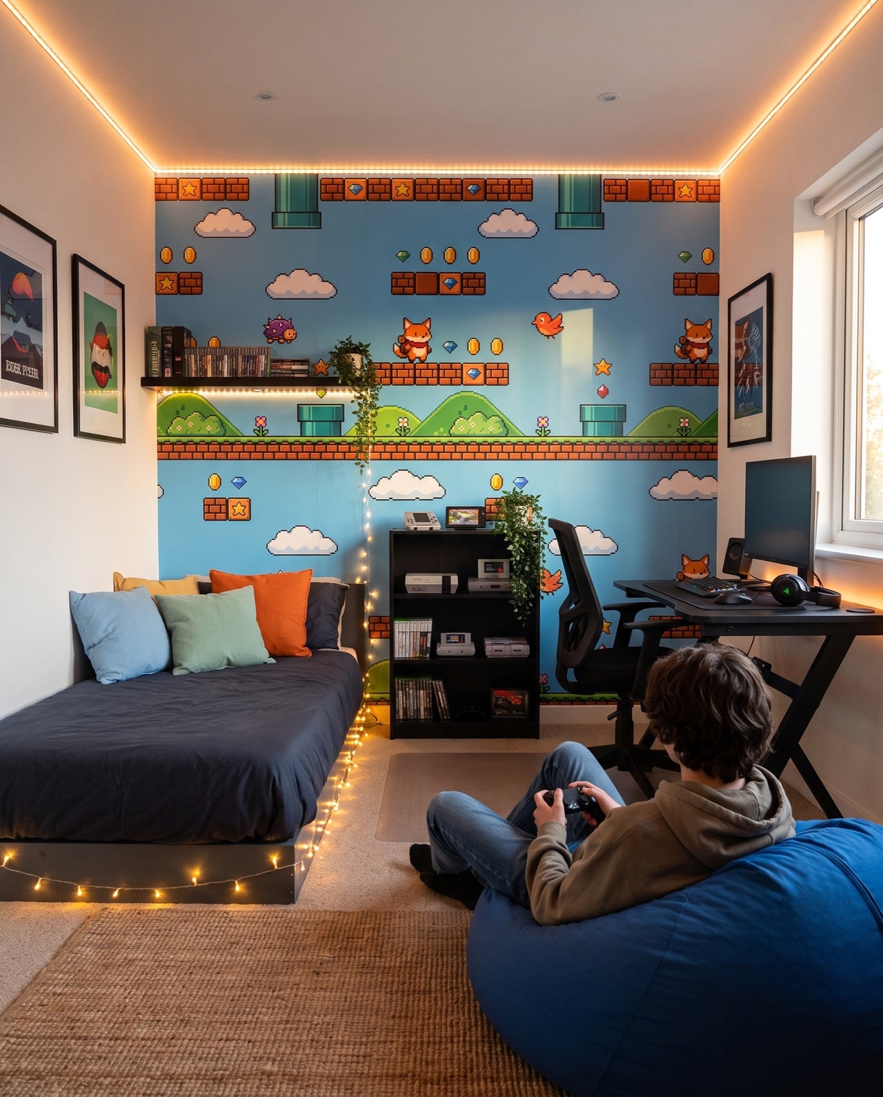 Fresque murale Warp dans une chambre d'adolescent, manette en main sur un pouf bleu : décor 8-bit sur mesure au Maroc, Wonderwall