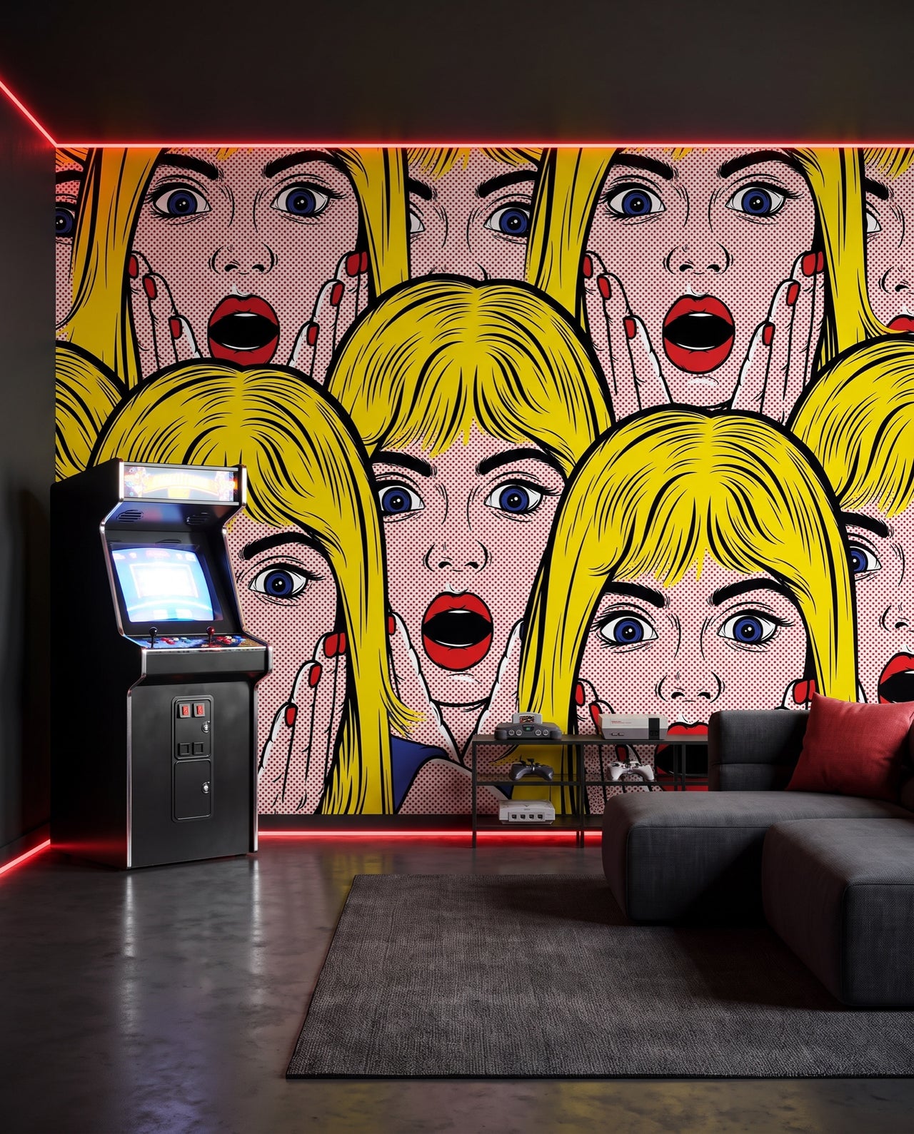 Papier peint panoramique Starlettes dans une salle de gaming rétro, fresque pop art Wonderwall Casablanca
