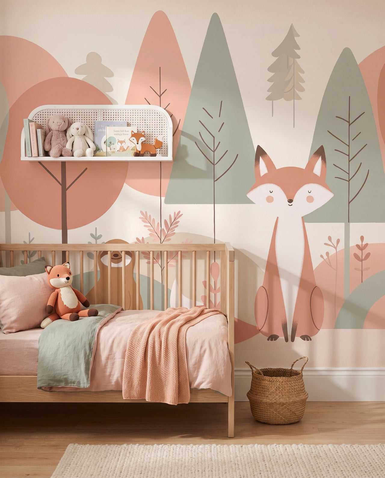 Fresque murale Complice en gros plan derrière l'étagère en cannage : papier peint forêt pastel sur mesure Wonderwall