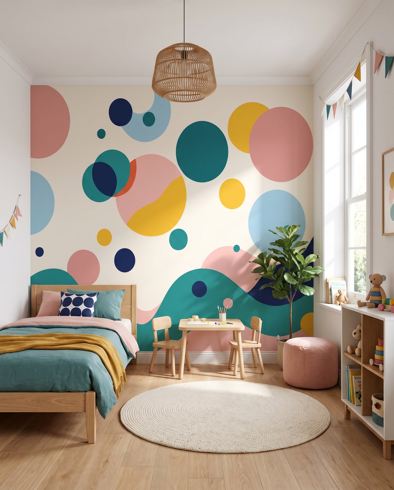 Papier peint panoramique Confetti vu vers la fenêtre et le coin jeu : fresque cercles et collines Wonderwall Casablanca