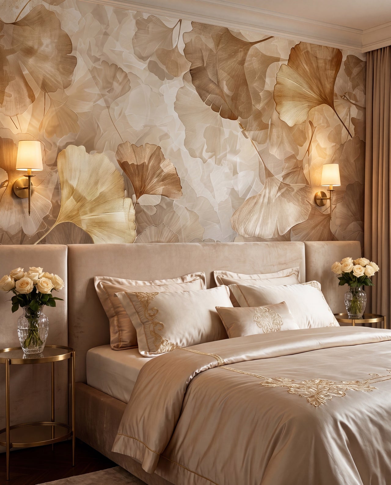 Fresque murale Éventail Doré dans une chambre boudoir luxe, papier peint panoramique sur mesure Wonderwall