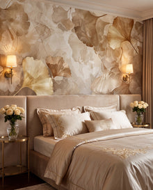 Fresque murale Éventail Doré dans une chambre boudoir luxe, papier peint panoramique sur mesure Wonderwall