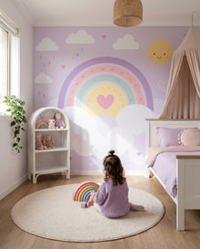 Fresque murale Rêverie dans une chambre de petite fille qui empile un arc-en-ciel en bois sur le tapis : décor sur mesure au Maroc, Wonderwall