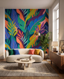 Papier peint panoramique Tulum vu vers la fenêtre et le lampadaire arc en laiton : fresque tropicale jewel-tone Wonderwall Casablanca