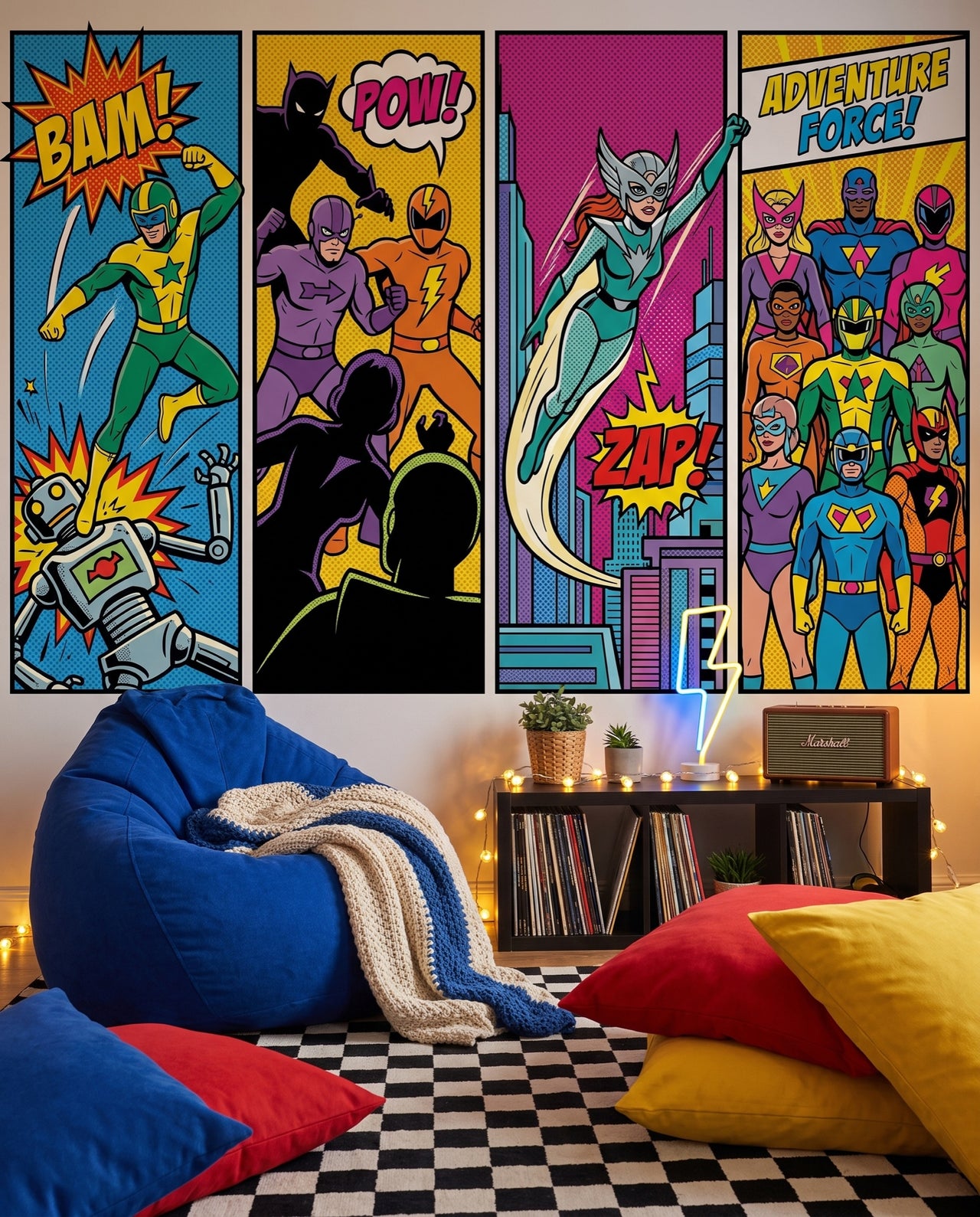 Papier peint panoramique Nova dans un coin cocooning à pouf cobalt et néon : fresque comic pop art Wonderwall Casablanca