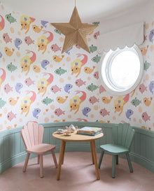Papier peint Mélusine dans un coin thé d'enfant, sirènes et poissons pastel sur mesure, Wonderwall Casablanca