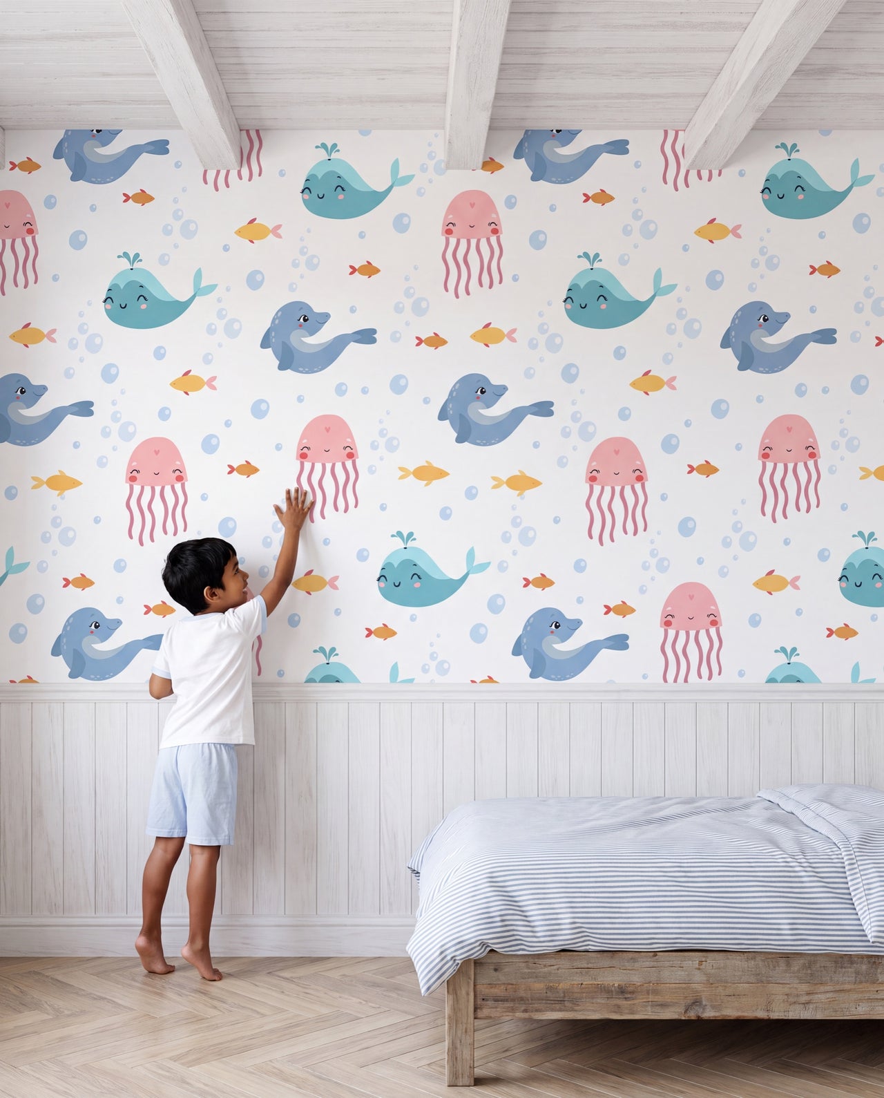 Papier peint Moby dans une chambre d'enfant, un garçon qui tend la main vers une baleine du mur, Wonderwall Casablanca