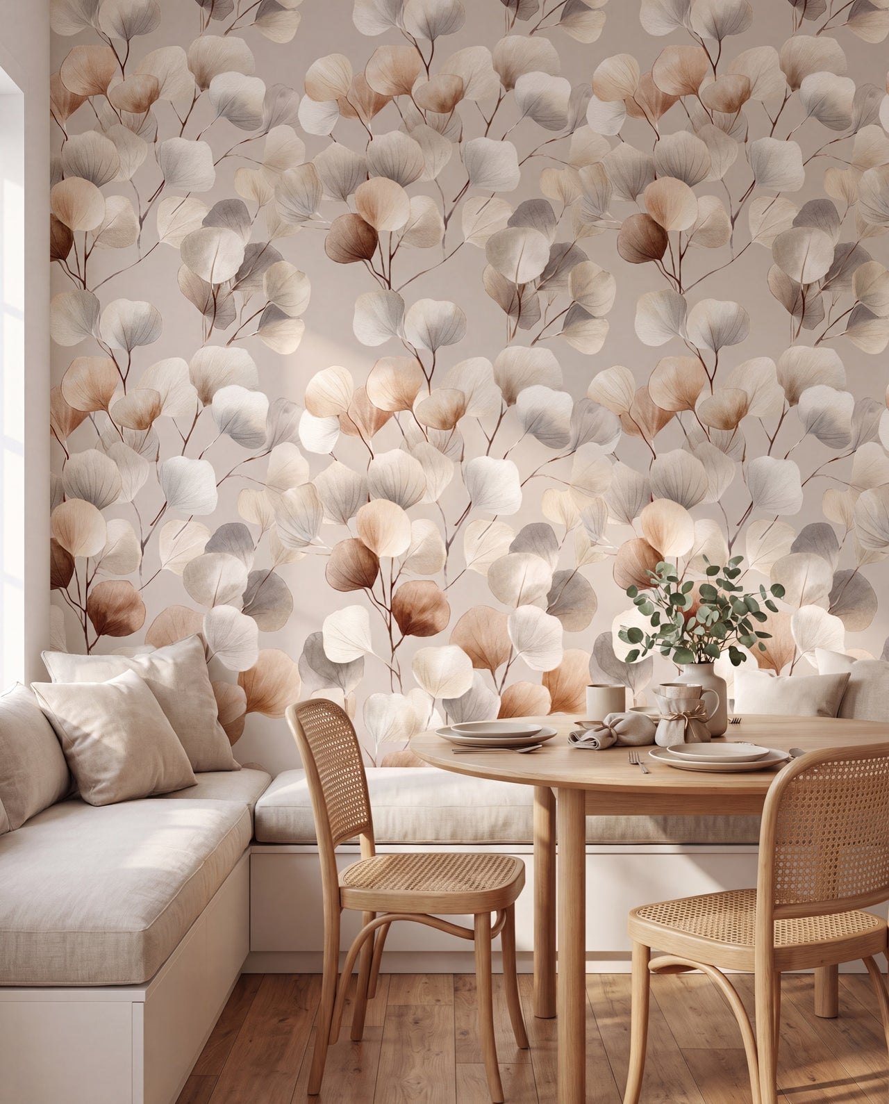 Papier peint panoramique Feuilles de Lune dans un coin petit-déjeuner clair, fresque eucalyptus aquarelle Wonderwall Casablanca