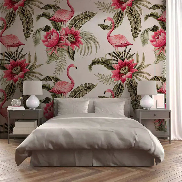 Élégance Exotique : Flamants Roses et Fleurs Tropicales