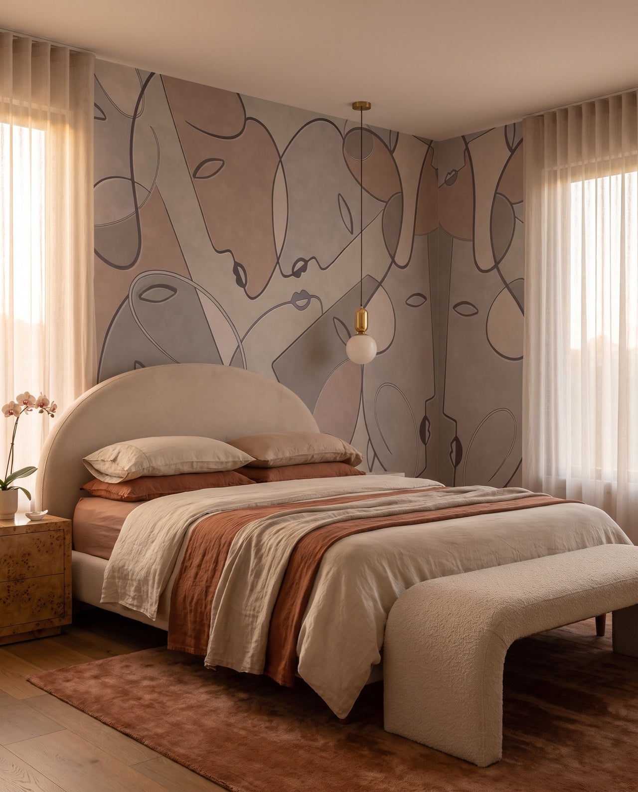 Fresque murale Terracina dans une suite à tête de lit en plâtre arrondie et linge rouille : papier peint panoramique line art sur mesure Wonderwall