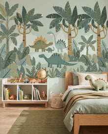 Fresque murale Diplo en gros plan derrière l'étagère à dinosaures en bois : papier peint dinosaures sur mesure Wonderwall