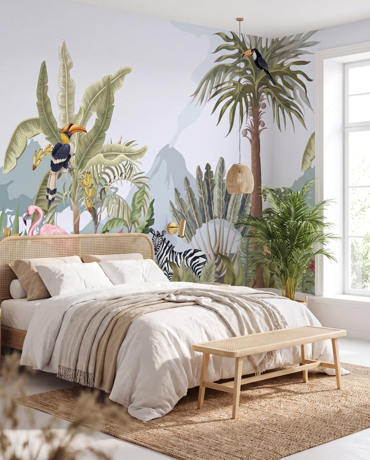 Papier peint panoramique jungle Éden Sauvage, fresque jungle-safari pastel palmiers et animaux dans une chambre boutique-hôtel exotique, Wonderwall Casablanca
