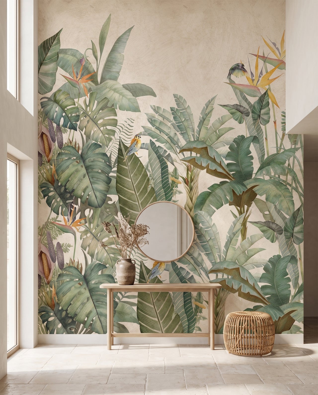 Papier peint panoramique Paradisier dans une entrée pleine hauteur — fresque jungle botanique Wonderwall Casablanca