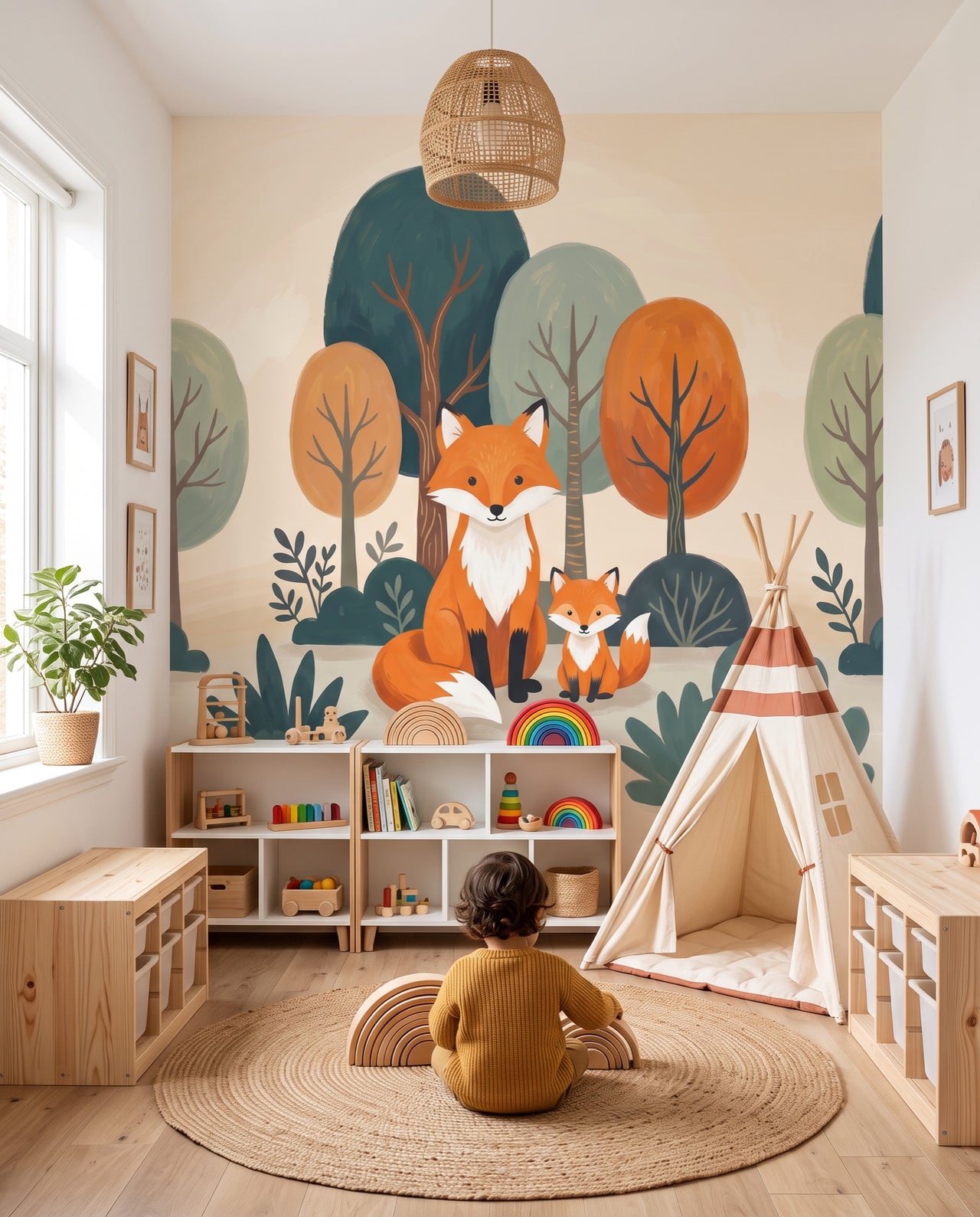 Fresque murale Goupil dans une chambre d'enfant, un enfant empile un arc-en-ciel en bois sur le tapis : forêt sur mesure au Maroc, Wonderwall