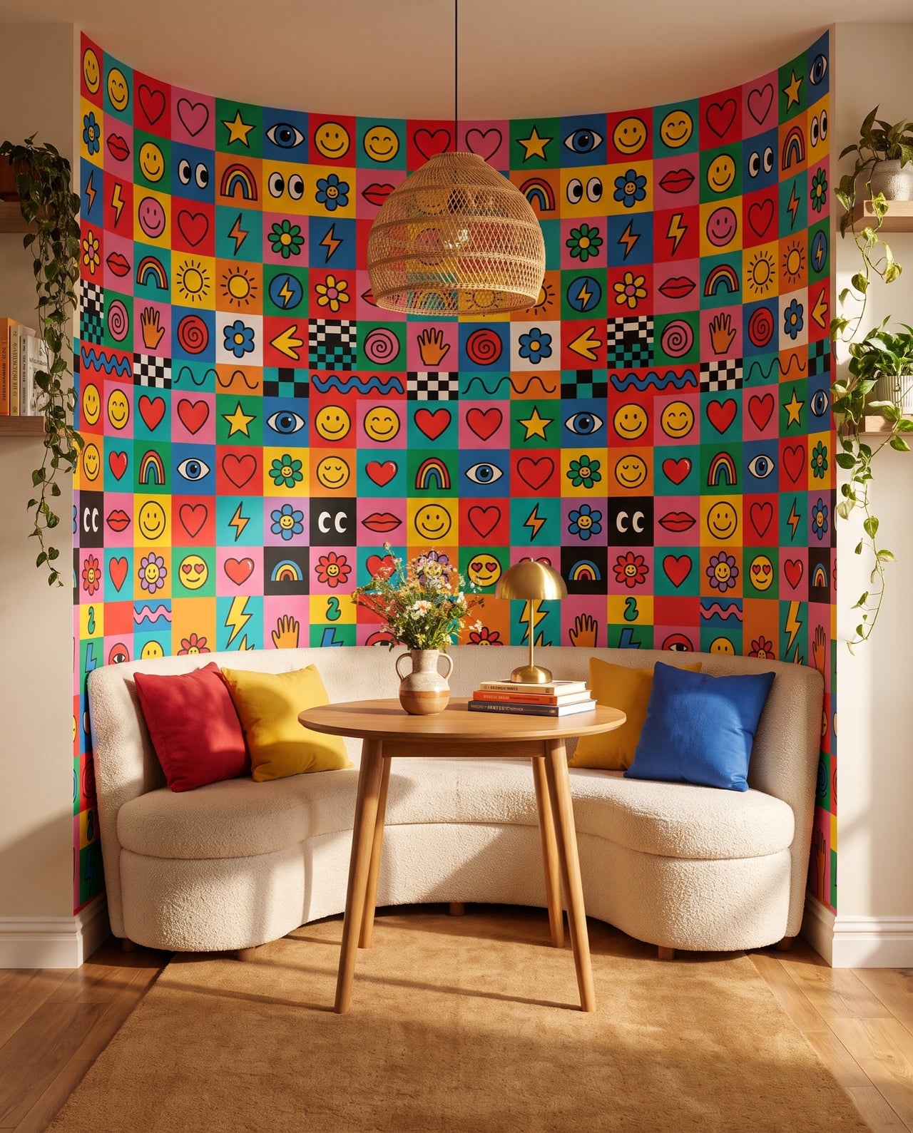 Papier peint Euphoria dans un lounge musique à platine vinyle et fauteuil cuir caramel : damier de doodles sur mesure au Maroc, Wonderwall