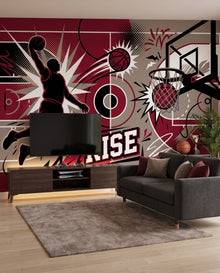 Fresque murale Slam dans un gaming lounge à canapé charbon et coussins bordeaux : papier peint basket sur mesure Wonderwall