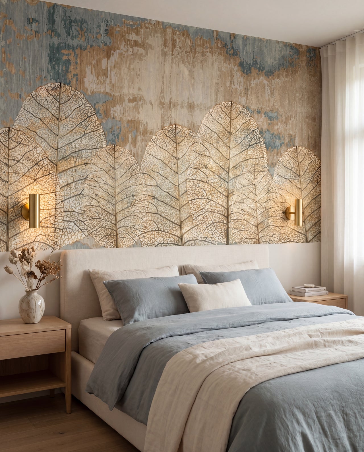 Papier peint panoramique feuilles nacrées Feuilles de Nacre, fresque or et bleu-gris dans une chambre élégante, Wonderwall Casablanca