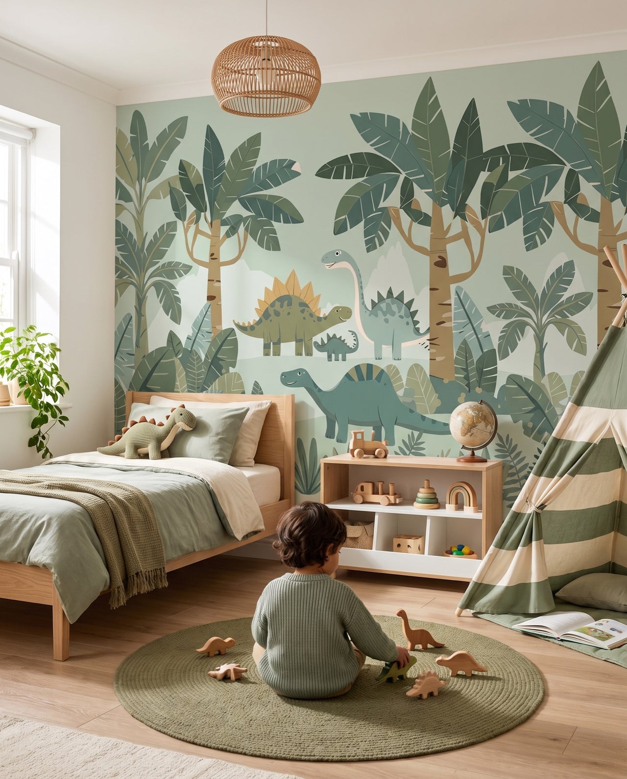 Fresque murale Diplo dans une chambre d'enfant, un garçon joue avec ses dinosaures en bois : décor sur mesure au Maroc, Wonderwall