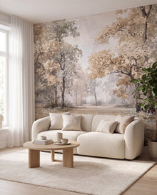 Fresque murale Clairière dans un salon cocon lin & bois, papier peint panoramique sur mesure Wonderwall