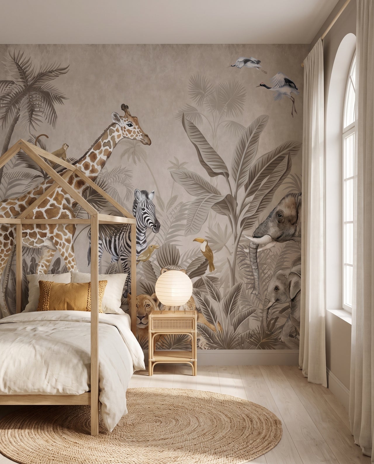 Papier peint panoramique safari aquarelle Serengeti — girafe, éléphants et zèbre en camaïeu sépia dans une chambre d'enfant chêne clair, Wonderwall Casablanca